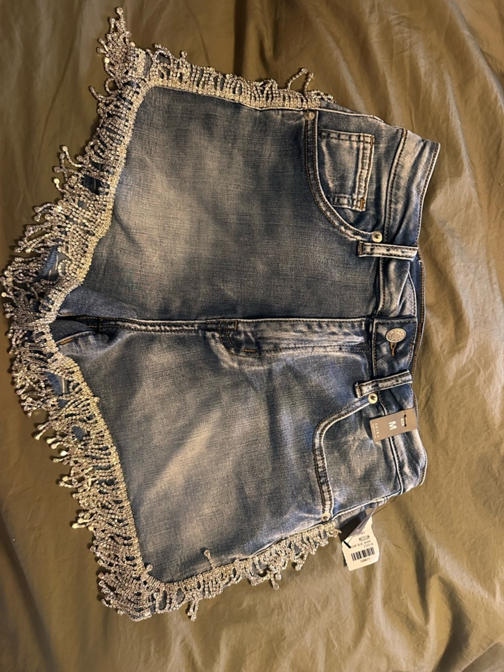 AKIRA Medium Blue Denim High-Waist Shorts with Rhinestone Detail
